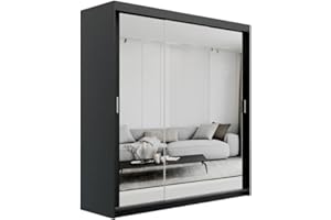 ELUKS SKY Double Sliding Doors Wardrobe with Mirror Drawers Furniture for Bedroom Living Room and Hall Wardrobe Organizer Width 100cm/120cm/150cm/180cm/200cm (Black, 200cm)