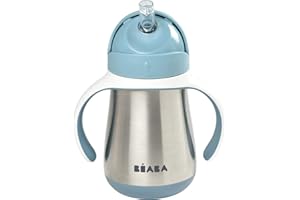 BÉABA, Butelka do karmienia/kubek do nauki/butelka dla niemowląt 2 w 1 ze stali nierdzewnej, kubek słomkowy dla dzieci, 100% wodoodporny, szczelny, łatwy do otwierania, zdejmowane uchwyty,
