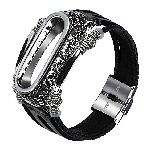 Preisvergleich Produktbild QHJ Armband für Mi Band 3,Uhrenarmband für Xiaomi Mi Band 3, Ersatz Lederarmband Band Gurt + Metallgehäuse Vintage Armband Gürtel C Silberrahmen für Xiaomi Mi Band 3 (Schwarz)