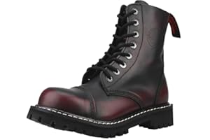 Angry Itch Botas Militares Unisex Hombre Mujer Cuero Rojo Burdeos Frotado 8 Agujeros Punk Punta de Acero
