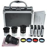 t contains 6mm/12.5mm/ 20mm plossl eyepiece, a 2x berlow lens/ T adapter, a moon filter, three color planetary filters(Red, Blue, Yellow), a Chamois cloth and a handy aluminum case.