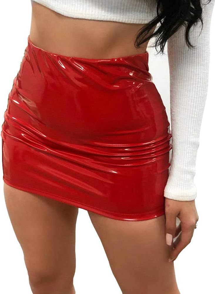 Women's Leather Skirt Wetlook PU Leather Pencil Skirt Bodycon Mini Skirt High Waist Leather Skirt Hip Skirt
