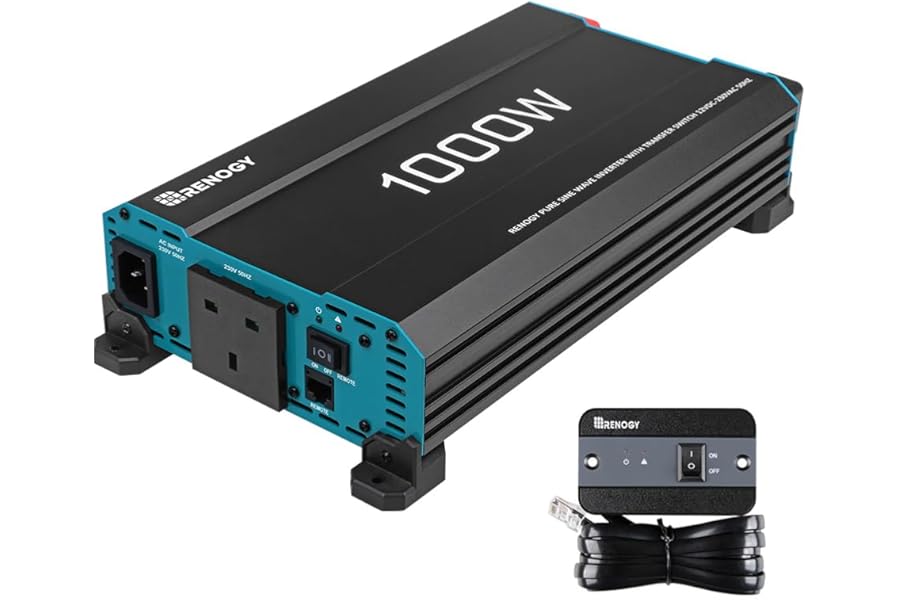 Renogy 1000W Inverter Pure Sine Wave, Inverter 12V DC to 240V AC, 2000W Peak with UK Sockets, Auto Transfer Switch and Remote Controller for Off-grid, RV, Camping, and Home