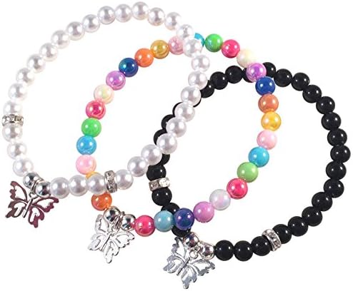 Butterfly Charm Acrylic Bead Bracelet - Elastic with 6mm Round Beads - Colour and Size Choice - Child, Adult and Plus Sizes Available