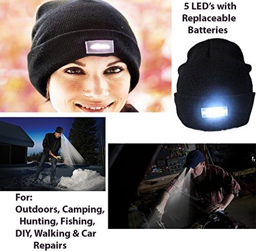 HK Sport 5 LED Beanie Hat with Lights -Angling, Hunting, Camping, Running, Garage, Warm Beanie (BLACK)