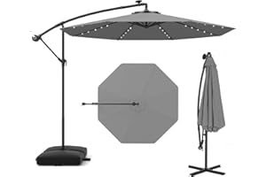 COSTWAY 3M Cantilever Garden Parasol, Hanging Offset Umbrella with 32/40 LED Lights & Solar Panel Batteries, Outdoor Water-proof Canopy Sunshade Shelter for Patio Balcony