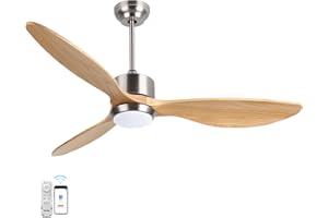 Ovlaim Ventilateur Plafond avec Lumiere LED, 132 CM Ventilateur Plafond Silencieux avec Telecommande et Moteur CC, Plafonnier Ventilateur avec 3 Bois Pales Réversibles pour été hiver, Bois Naturel