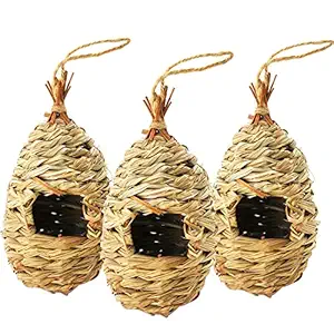 Puninoto Grass Bird House,Natural Fiber Hand Woven Hummingbird Nest,Teardrop Shaped Birds Cages Nest Roosting,Outside Hanging Bird Hut,Small Bird Nest for Garden Window Backyard Decor(3 Pack)