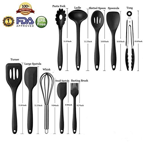 Cookey 10 Stück Silikon Geschirr Küche Kochutensilien mit Silikon und Hygiene Beschichtung, hitzebeständige Küchengeräte Perfekt für alle Arten von Kochen Mit GrillZange, Schneebesen, Bürste, Spatel, Schaumlöffel, Löffel Nudeln, Reis Paddel, Kelle, Suppenlöffel Hitzebeständige Koch und Backzubehör (Schwarz) - 2