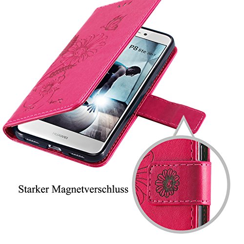 Cover Huawei P8 Lite 2017, kazineer Cover P8 Lite 2017 Flip Caso in pelle Modello Fiore Portafoglio Custodia per Huawei P8 Lite 2017 (Rosa Rossa)