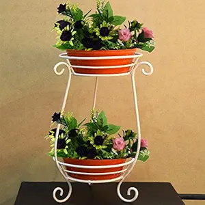 HINS Iron Metal Round 2 Tier Pot Stand With Set of 2 Metal Basket For Indoor & Outdoor Gardening(White) (Orange Basket) Plant Stands For Indoor Balcony I Plant Bench I Plant Stands I Pot Stand Single I Potted Plant Stand I Big Pots I Metal Plant Stand I Tall Outdoor Planter I Metal Casters I Large Plant Stand I Pot Stands For Garden I Indoor Plants Stand I Iron Plant Stand I Terrace Garden Stand I Garden Rack I Iron Stand For Pots I Pots Stand I Indoor Planter