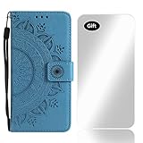 Bear Village Case Galaxy S6, PU Leather Embossed Design Case with Free Tempered Glass Screen Protector, Wallet Flip Stand Cover for Samsung Galaxy S6 (#4 Blue)