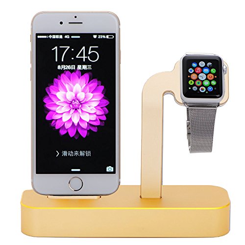 NIUTOP Apple Watch Stand, 2 in 1 Premium Aluminium Charging Dock Station Stand Halter für Apple iWatch & iPhone (iPhone 5/5 s/6/6 Plus, iWatch BASIC/SPORT/EDITION Modell) (A-Gold)