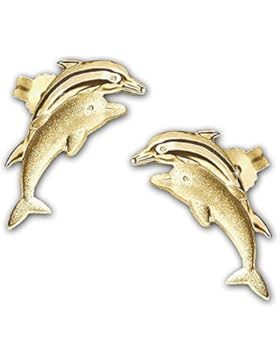 CLEVER SCHMUCK Goldene Ohrstecker 2 Delfine springend als Pärchen 11 x 5 mm seidenmatt und glänzend 333 GOLD 8...