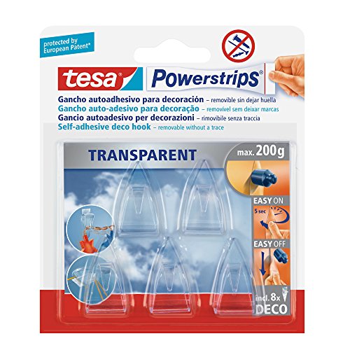 Tesa TE58900-00014-02 transparentes, 5 ganchos + 8 Tiras Powerstrips Deco, Standard