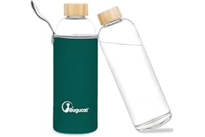 Bugucat Borraccia in Vetro 1L, Portatile Bottiglia d'Acqua Bottiglia Vetro Trasparente con Custodia Protettiva, Bottiglia Sportiva Borosilicato a Prova di Perdite per Bevande Calde e Fredde