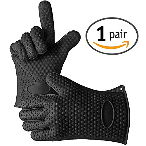 KKtick Ofenhandschuhe Silikon Heat Resistant Grill Zubehör Kitchen Tools für Ihre Indoor&Outdoor Bedürfnisse Kochen, Widerstandshochtemperatur, Wärmedämmung, Superb Grip Oven mitts- 1 Paar(Schwarz)