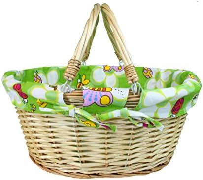 Natural Wicker Shopping Basket with Folding Handles and GREEN Butterfly & Bees Cotton Lining - Baby Shower Gift Hamper, Storage, Shopper Basket - (41x33x18cm high)