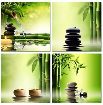 4pics Spa Treatment Picture with Candle Bamboo Stone Zen Canvas Wall Art Waterproof Hook Mounted in real Wood Paintings for Yoga Practice Zen sit tranquil for Gym Sauna Study Bedroom