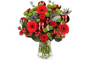 Blumenstrauß “Weihnachtsmärchen”, Weihnachtsstrauß in Rot, Mit Rosen, Gerbera, Johanniskraut, Santini, Disteln & Adventsdeko, 7-Tage-Frischegarantie, Top Qualität, Schneller Blumenversand