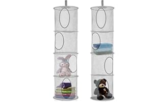 JSUOEO 2 PCS Hanging Mesh Storage Bag 4 Tier Compartments Foldable Soft Toy Basket Mesh Save Space Toys Organizer for Kids Room, Bathroom, Balcony (Gray)