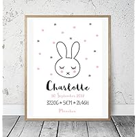 Kinderposter Geburtsanzeige Kleiner Hase Miffy Rosa - Geburtsdruck mit Wunschname u. individuellen Daten f. Mädchen - personalisierte Geschenkidee zur Geburt, Taufe, Geburtstag, Wandbild - ungerahmt