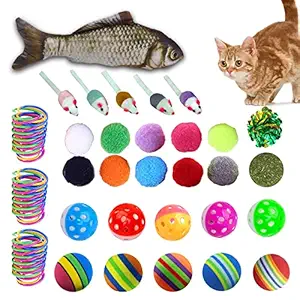 KAYUSITER 39PCS Cat Toys Set Spiral Springs Assorted Cat Crinkle Balls Catnip Fish Toy Interactive Pet Pillow Chew Bite for Cats Kittens Puppy