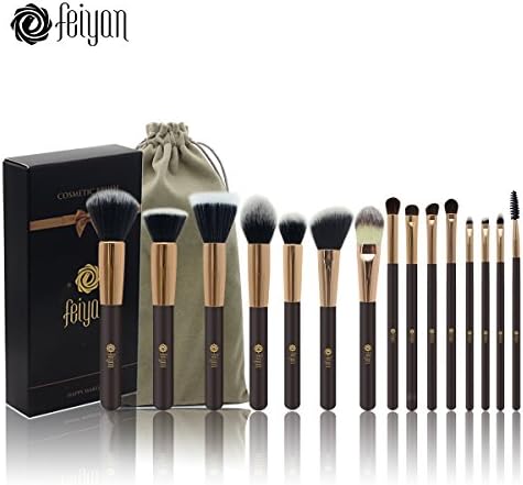FEIYAN 15PCS Makeup Brushes Cosmetic Brushes Soft Natural / Synthetic Foundation Powder Brushs with Flannel Case Bag and Gift Box (Gold)