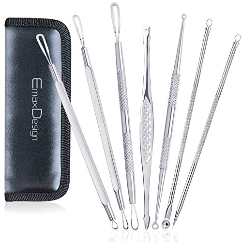 EmaxDesign 7 Pieces Blackhead Remover Pimple Acne Extractor Kit Tool - Professional Facial Blemish Treatment Tools For Nose Face Skin Whiteheads Comedones and Zit Removing With Zippered Leather Case