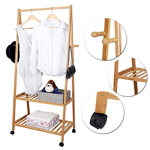 Songmics höhe 152 cm Bambus Kleiderständer Garderobenständer Kleiderstange Schuhregal mit Rollen 2 Ablagen 4 Haken 69,5 x 152 x 43 cm RCR52N - 5