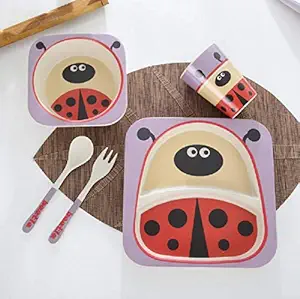 EMOB Ladybug Theme 5 PCS Bamboo Fiber Baby Feeding Utensils Crockery Set with Spoon, Fork, Glass, and Bowl & Plate - Bamboo Fiber (Red)