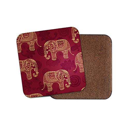 1 x Ornate Red Elephant Print Coaster - Cork Backed Indian Ethnic Style Paisley Print Mum Sister #8856