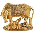 Rajcrafts VK Creations Metal Big Kamdhenu Cow with Calf Handicraft Decorative Showpiece for Good Luck (Size:17 x 13 x 12 cm), Golden