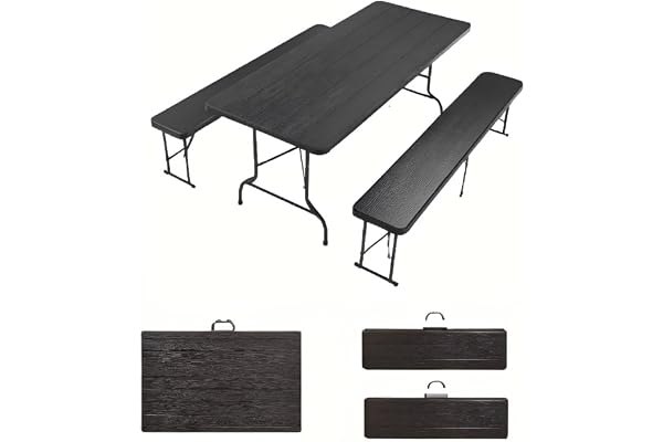 sinlikon Ensemble Table Pliante à Manger de Jardin et 2 Bancs Pliant,Table Pliante Exterieur pour Camping,Pique-Nique.Robuste,Stable,Étanche,Noir (Table*1+Bancs*2)
