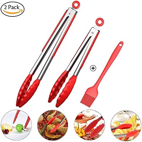 Cooking Barbecue Tongs 9 &amp; 12 Inch Food Tongs and Brush, Heat Resistant Silicone and Smart Locking Clip Kitchen Utensils For BBQ, Buffet, Salad, Ice, Oven (Red)