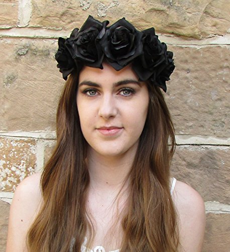 Large Black Rose Flower Hair Crown Garland Vintage Headband Boho Festival X-65 *EXCLUSIVELY SOLD BY STARCROSSED BEAUTY*