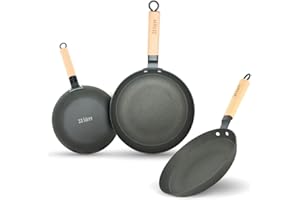 lätt Home Juego de Sartenes Hierro Fundido Antiadherente Aptas para Cocina de Inducción Gas Vitrocerámica Eléctrica Horno Lavavajillas - Mango Madera Clara Removible - Set 3 Diametros 20-24 - 28 cm