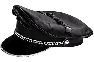 N? Black Silver Trim Peak Genuine Leather Biker Muir Cap with Chain and Strap