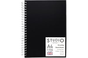 Artway Studio – Spiral Bound A4 Sketchbook – Portrait - 96 Sides/48 Pages of 170gsm Cartridge Paper – Black Hardback Sketchbook