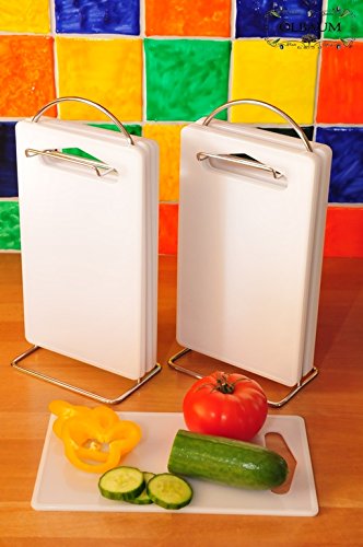 6 x Schneidebrett MIT STÄNDER, Edelstahl / Kunststoff 7-tlg. Set, massive, hochwertige Schneidebrettchen weiß, mit abgerundeten Kanten, Maße viereckig je ca. 25 cm x 15 cm als Bruschetta-Servierbrett, Brotzeitbrett mit Griff, Frühstücksbrett, NEU Bayerisches Brotzeitbrettl, Bruschetta-Pita-Döner-Naan-Roti-Ciabatta-Langos-Chubz-Servierbretter,Massive Schneidebretter, Anrichtebretter, Frühstücksbretter, Brotzeitbretter, Steakteller schinkenbrett rustikal, Schinkenteller von BTV - 3