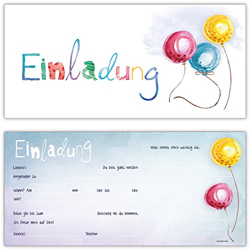 Set: 12 große Einladungskarten mit 12 Umschlägen zum Geburtstag, Kindergeburtstag oder sonstige Feier im freundlichen Ballon-Motiv - 2