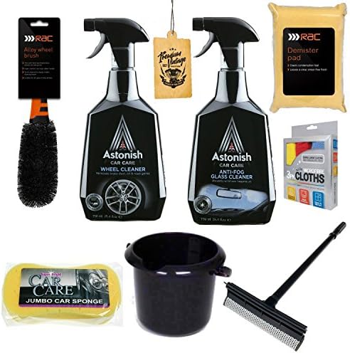Car Alloy Wheel Cleaner & Car Glass Cleaner Set - Anti-Fog Glass Cleaner For Windows, Wheel Cleaner For Alloys, Plus RAC Alloy Brush, RAC Demister Pad, Squeegee Window Cleaner, Jumbo Sponge, 3 PK Large Microfibre Cloths, Designer Air Freshener Plus 5 Litre Bucket - Great Value Bundle