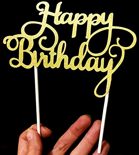 PuTwo Handgefertigte 1 Count Happy Birthday Kuchen Dekorieren Geburtstagskuchen Topper – Gold - 4