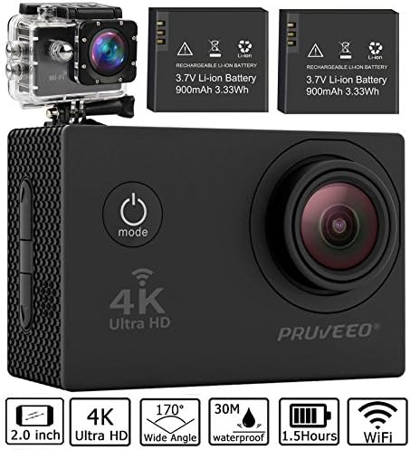 Pruveeo DV200 Waterproof Sports Action Camera with WiFi, 4K Video Camcorders, 170 degree angle with SONY Sensor, 25 Accessories Kits, 2 pcs Rechargeable Batteries