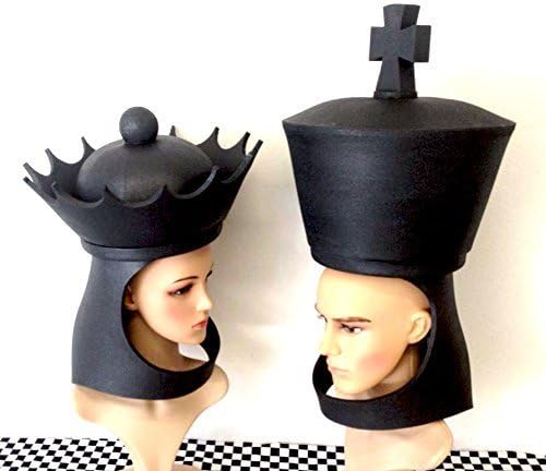 King &amp; Queen Chess Hats (one of each hat). Couples costume headdress. Adult mask for men, women. His and hers crown headdress for adults.