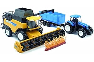 NEW-RAY NewRay 05763 - Playset Mietitrebbia New Holland Cr9090 e Trattore New Holland T7000 con Accessori, Scala 1:32
