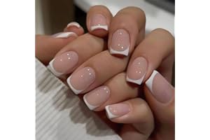 LOPHE Press On Nails Kurz Eckig, 24 Stück Fake Nails Nude mit Kleber, French Press On Nails Künstliche Fingernägel für Frauen und Mädchen, für Weihnachten, Nails Art(A)