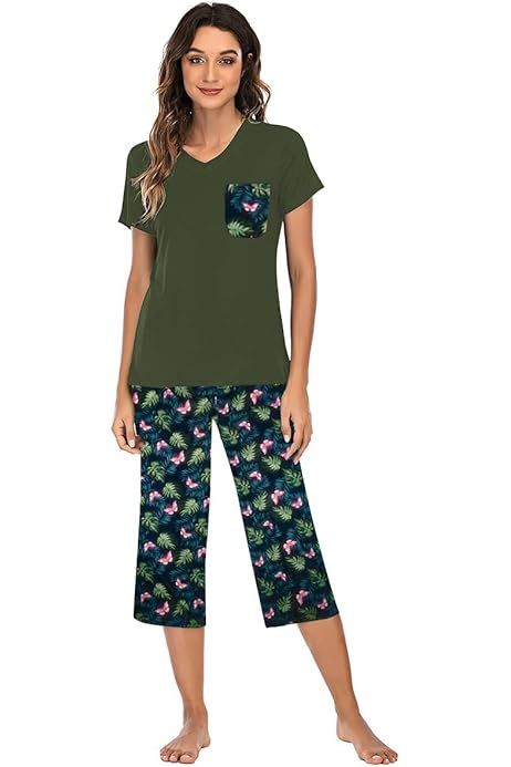 Womens Capri Pajamas Women Pajamas Set Summer Short Sleeve Tshirts
