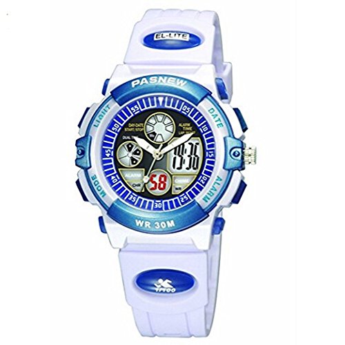 R-timer Pasnew 30m wasserdichte Digital-Analog-Jungen-Mädchen-Sport Digitaluhr mit Alarm Stoppuhr Chronograph (Kind) 6 Farben (weiß)