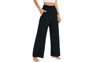 Famulily Women's Casual Stretch Pull On Wide Leg Trousers Ladies Elasticated Smocked Waist Lounge Pants with Pockets